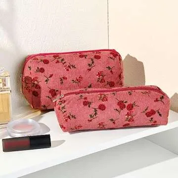 SOIDRAM Makeup Bag Floral Cosmetic Bag Cute Makeup Pouch 1Pcs Large Capacity Makeup Bags and 1Pcs Makeup Brushes Storage Bag Travel Toiletry Bag Organizer