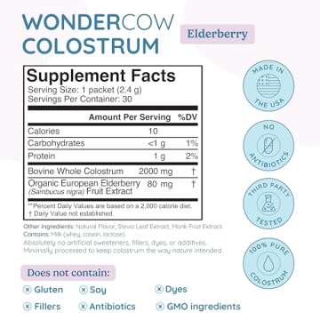WONDERCOW Colostrum Supplement Powder for Gut Health, Immune Support, Muscle Recovery & Wellness | Natural IgG Pure Whole Bovine Colostrum Superfood, Elderberry, 30 Servings