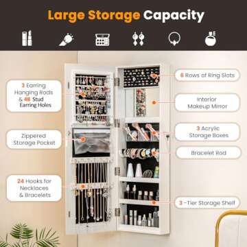 Giantex Jewelry Cabinet Armoire Door Wall Mount, 47.2in Lockable Touch Screen Lighted Full Length Mirror, 3 Lighting Settings, Inside Makeup Mirror, Jewelry Storage Box Organizer (Grayish White)