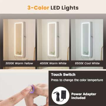 Giantex Jewelry Cabinet Armoire Door Wall Mount, 47.2in Lockable Touch Screen Lighted Full Length Mirror, 3 Lighting Settings, Inside Makeup Mirror, Jewelry Storage Box Organizer (Grayish White)