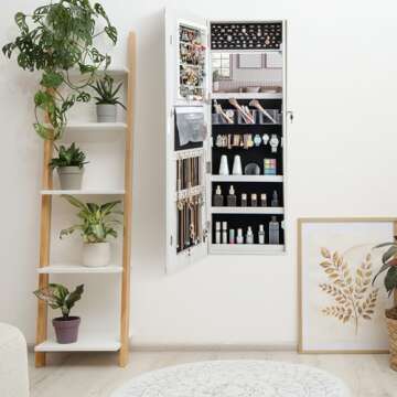 Giantex Jewelry Cabinet Armoire Door Wall Mount, 47.2in Lockable Touch Screen Lighted Full Length Mirror, 3 Lighting Settings, Inside Makeup Mirror, Jewelry Storage Box Organizer (Grayish White)