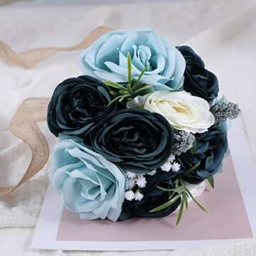 Bouquets for Wedding Handmade Bridal Holding Flowers, Elegant Artificial Blue Green and White Faux S...