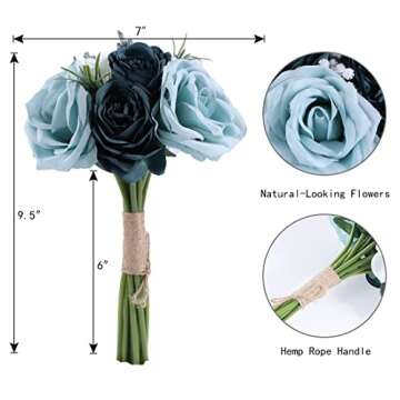 Bouquets for Wedding Handmade Bridal Holding Flowers, Elegant Artificial Blue Green and White Faux Silk Rose Bridesmaid Bouquet for Wedding Ceremony Anniversary DIY Bridal Shower Home Decor