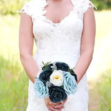 Bouquets for Wedding Handmade Bridal Holding Flowers, Elegant Artificial Blue Green and White Faux Silk Rose Bridesmaid Bouquet for Wedding Ceremony Anniversary DIY Bridal Shower Home Decor