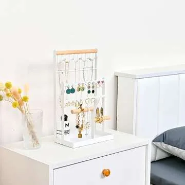 Lolalet Jewelry Holder Organizer Jewelry Stand, 6 Tier Jewelry Rack Necklace Holder Organizer with 15 Hooks and Bottom Tray, Jewelry Tower Display Storage Tree for Bracelets Earrings Rings -White
