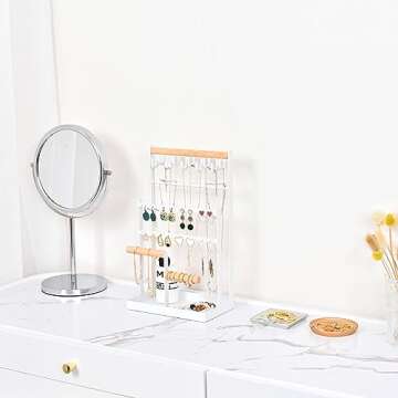 Lolalet Jewelry Holder Organizer Jewelry Stand, 6 Tier Jewelry Rack Necklace Holder Organizer with 15 Hooks and Bottom Tray, Jewelry Tower Display Storage Tree for Bracelets Earrings Rings -White
