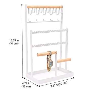 Lolalet Jewelry Holder Organizer Jewelry Stand, 6 Tier Jewelry Rack Necklace Holder Organizer with 15 Hooks and Bottom Tray, Jewelry Tower Display Storage Tree for Bracelets Earrings Rings -White