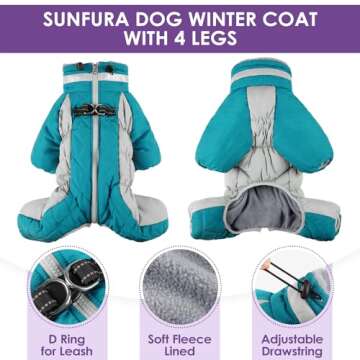 SUNFURA Four Legged Dog Coat Warm Fleece Dog Jacket, Reflective Turtleneck Dog Winter Coats with Harness, Windproof Waterproof Full Body Puffer Dog Snowsuit Snow Jackets for Small Medium Large Dogs