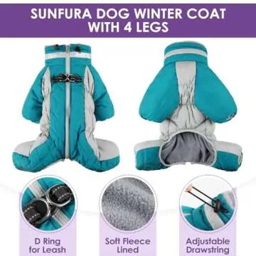 SUNFURA Four Legged Dog Coat Warm Fleece Dog Jacket, Reflective Turtleneck Dog Winter Coats with Harness, Windproof Waterproof Full Body Puffer Dog Snowsuit Snow Jackets for Small Medium Large Dogs