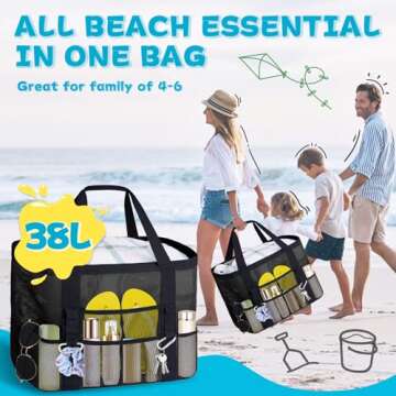 Yeendibo XX-Large Mesh Beach Bag Tote - with 9 Pockets for Family Vacation/Travel & Beach Essentials...