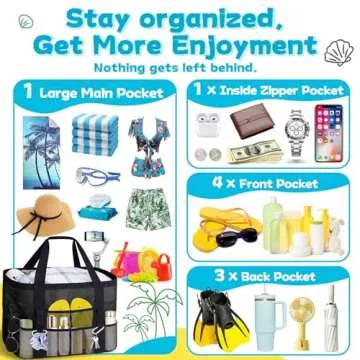 Yeendibo XX-Large Mesh Beach Bag Tote - with 9 Pockets for Family Vacation/Travel & Beach Essentials, with Clear Inner Zipper Pocket,Black…