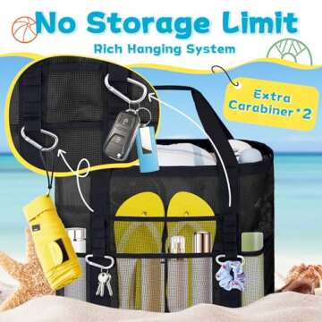 Yeendibo XX-Large Mesh Beach Bag Tote - with 9 Pockets for Family Vacation/Travel & Beach Essentials, with Clear Inner Zipper Pocket,Black…