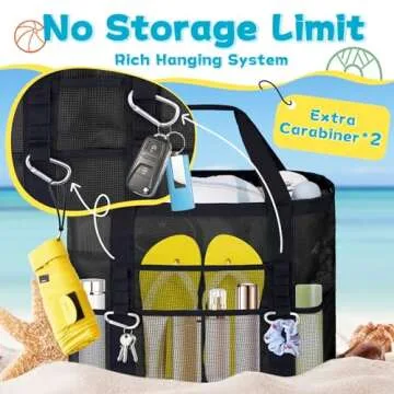 Yeendibo XX-Large Mesh Beach Bag Tote - with 9 Pockets for Family Vacation/Travel & Beach Essentials, with Clear Inner Zipper Pocket,Black…