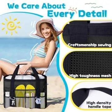 Yeendibo XX-Large Mesh Beach Bag Tote - with 9 Pockets for Family Vacation/Travel & Beach Essentials, with Clear Inner Zipper Pocket,Black…