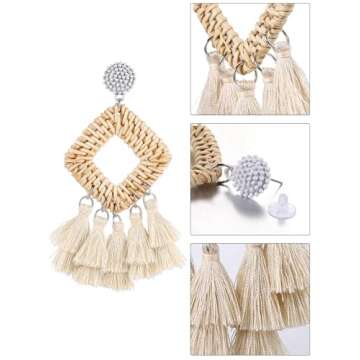 meekoo 2 Pairs Rattan Tassel Earrings Bohemian Statement Woven Dangle Fringe Earrings Ethnic Tassel Drop Earrings Vintage Jewelry for Women (Black and White)