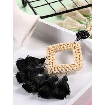 meekoo 2 Pairs Rattan Tassel Earrings Bohemian Statement Woven Dangle Fringe Earrings Ethnic Tassel Drop Earrings Vintage Jewelry for Women (Black and White)