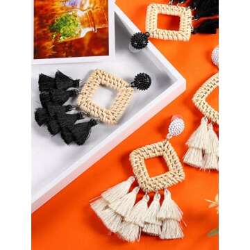meekoo 2 Pairs Rattan Tassel Earrings Bohemian Statement Woven Dangle Fringe Earrings Ethnic Tassel Drop Earrings Vintage Jewelry for Women (Black and White)