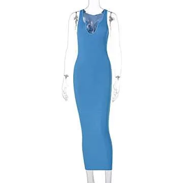 Mulisky Sexy Bodycon Dress for Women Ribbed Stretchy Sleeveless Tank Maxi Dress Blue S