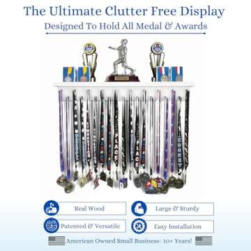 MedalAwardsRack Premier Medal Hanger Display Rack and Trophy Shelf for Gymnastics, Soccer, Basketbal...