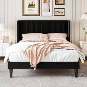 SHA CERLIN Velvet Bed Frame with Tufted Headboard