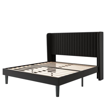 SHA CERLIN Velvet Bed Frame with Tufted Headboard