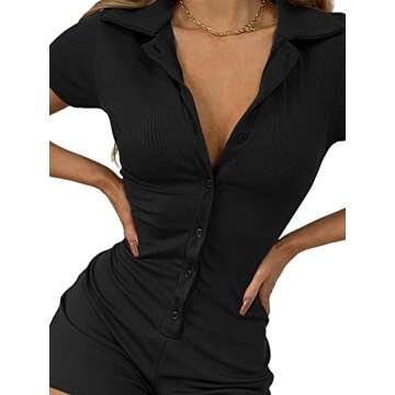 LYANER Women's Collar Button Down Short Sleeve One Piece Romper Playsuit Bodysuits Black Small