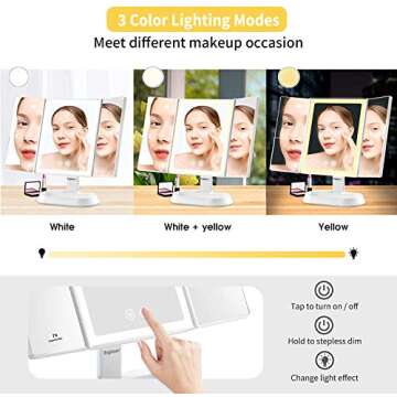 Makeup Mirror with Lights - 3 Color Lighting Modes,60 Led Lighted Cosmetic Mirror,1x 5X 7X Magnification, Touch Screen,90 Degree Adjustable Rotation, Dual Power Supply, Portable Trifold Mirror