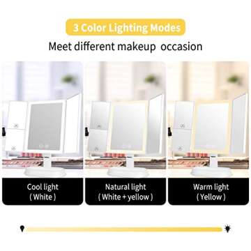 Makeup Mirror with Lights - 3 Color Lighting Modes,60 Led Lighted Cosmetic Mirror,1x 5X 7X Magnification, Touch Screen,90 Degree Adjustable Rotation, Dual Power Supply, Portable Trifold Mirror