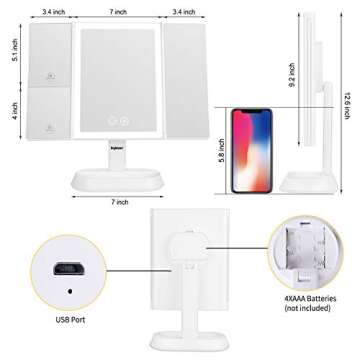Makeup Mirror with Lights - 3 Color Lighting Modes,60 Led Lighted Cosmetic Mirror,1x 5X 7X Magnification, Touch Screen,90 Degree Adjustable Rotation, Dual Power Supply, Portable Trifold Mirror