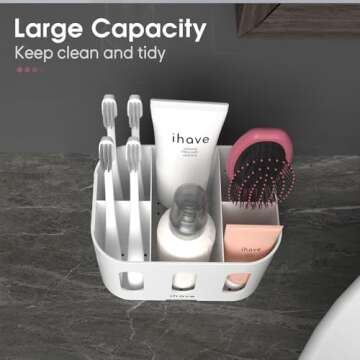 iHave Toothbrush Holders for Bathrooms, Tooth Brush Holder Bathroom Organizer Countertop, Electric Tooth Brushing Holder with 5 Slots and 2 Hanging Holes