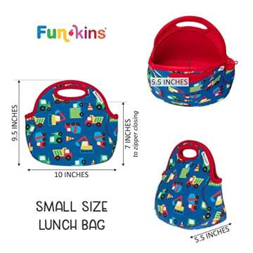 Funkins Insulated Lunch Bag for Kids | Machine Washable | Premium Quality | Interior Pocket & Name Tag | Easy to Pack, Folds Flat for Storage | Preschool or Snack Size Lunch Bag (Construction)