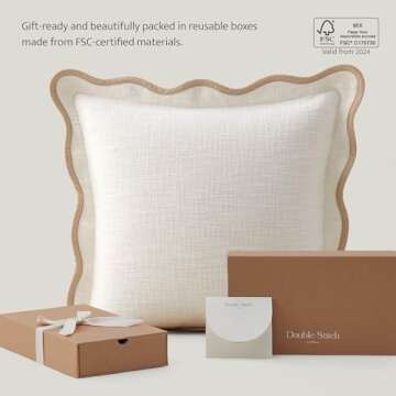 Double Stitch Scalloped Throw Pillow Covers - 100% Cotton Decorative Boho Pillow Covers 20 x 20, Made in India, Square Cushion Case, Modern Home Decor for Couch Sofa Living Room, Cream