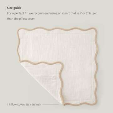 Double Stitch Scalloped Throw Pillow Covers - 100% Cotton Decorative Boho Pillow Covers 20 x 20, Made in India, Square Cushion Case, Modern Home Decor for Couch Sofa Living Room, Cream