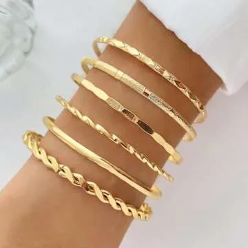 IFKM Gold Bangle Bracelets For Women, 14k Gold Plated Multi Layer Stackable Cuff Bracelet Set, Trendy Elegance Charms Non Tarnish Minimalist Textured Boho Jewelry Gift for Women