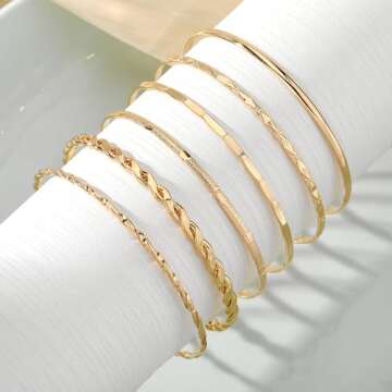 IFKM Gold Bangle Bracelets For Women, 14k Gold Plated Multi Layer Stackable Cuff Bracelet Set, Trendy Elegance Charms Non Tarnish Minimalist Textured Boho Jewelry Gift for Women