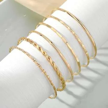 IFKM Gold Bangle Bracelets For Women, 14k Gold Plated Multi Layer Stackable Cuff Bracelet Set, Trendy Elegance Charms Non Tarnish Minimalist Textured Boho Jewelry Gift for Women