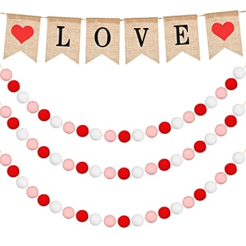 4 Pieces Valentines Day Banner Decoration Love Burlap Banner Felt Ball Garland Pom Pom Balls Garland...
