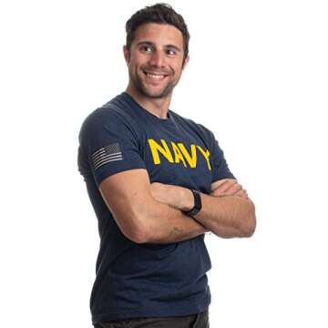 Ann Arbor T-shirt Co. Navy Chest Print & U.S. Military Sleeve Flag | Naval Veteran Sailor Style Shirt-(Navy, M)