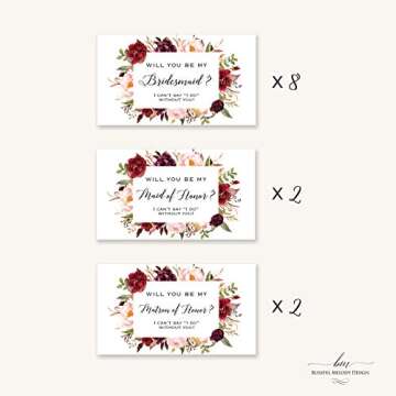 Set of 12 Burgundy Floral Bridesmaid Proposal Mini Champagne Bottle Labels, WATERPROOF Polyester Mini Wine Bottle Labels, Proposal Idea for Bridesmaids, Maid of Honor & Matron of Honor