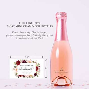Set of 12 Burgundy Floral Bridesmaid Proposal Mini Champagne Bottle Labels, WATERPROOF Polyester Mini Wine Bottle Labels, Proposal Idea for Bridesmaids, Maid of Honor & Matron of Honor