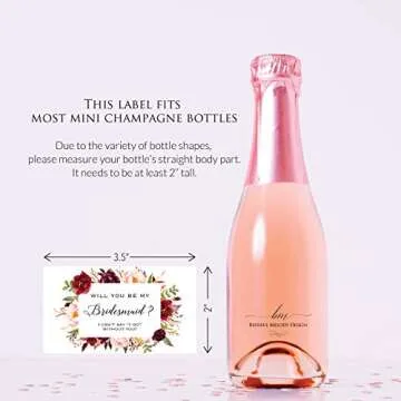 Set of 12 Burgundy Floral Bridesmaid Proposal Mini Champagne Bottle Labels, WATERPROOF Polyester Mini Wine Bottle Labels, Proposal Idea for Bridesmaids, Maid of Honor & Matron of Honor