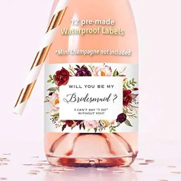 Set of 12 Burgundy Floral Bridesmaid Proposal Mini Champagne Bottle Labels, WATERPROOF Polyester Mini Wine Bottle Labels, Proposal Idea for Bridesmaids, Maid of Honor & Matron of Honor