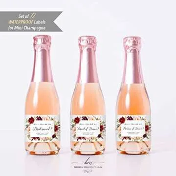 Set of 12 Burgundy Floral Bridesmaid Proposal Mini Champagne Bottle Labels, WATERPROOF Polyester Mini Wine Bottle Labels, Proposal Idea for Bridesmaids, Maid of Honor & Matron of Honor