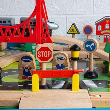FUNPENY Train Table Toys,Wooden Train Track Railway City Sets Table for Kids Toddlers