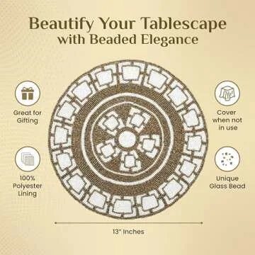 Handmade Round Beaded Placemat for Dining Table - 13 Inches Table Mat for Gathering, Occasional Decoration and Family Parties Celebrations - Brown/White