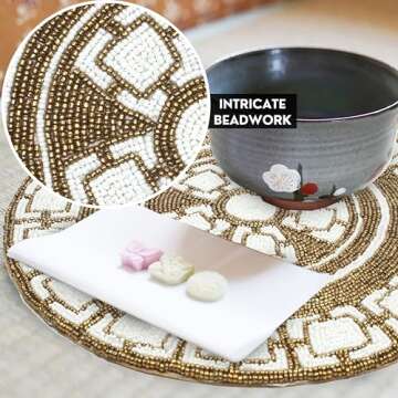 Handmade Round Beaded Placemat for Dining Table - 13 Inches Table Mat for Gathering, Occasional Decoration and Family Parties Celebrations - Brown/White