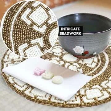 Handmade Round Beaded Placemat for Dining Table - 13 Inches Table Mat for Gathering, Occasional Decoration and Family Parties Celebrations - Brown/White