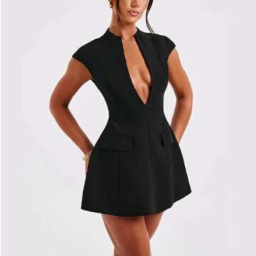 Women Cap Sleeve Mini Dress Y2K Mock Neck Short A Line Dress High Waist Slim Fit Bodycon Party Dresses