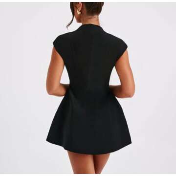 Women Cap Sleeve Mini Dress Y2K Mock Neck Short A Line Dress High Waist Slim Fit Bodycon Party Dresses