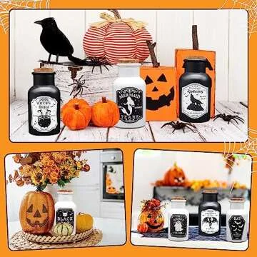 Ainswei Halloween Decorations Indoor, 4 Potion Bottle with Cork, 12PCS Label Halloween Stickers, Black and White Apothecary Glass Bottles, For Tiered Tray Table Home Room Halloween Decor